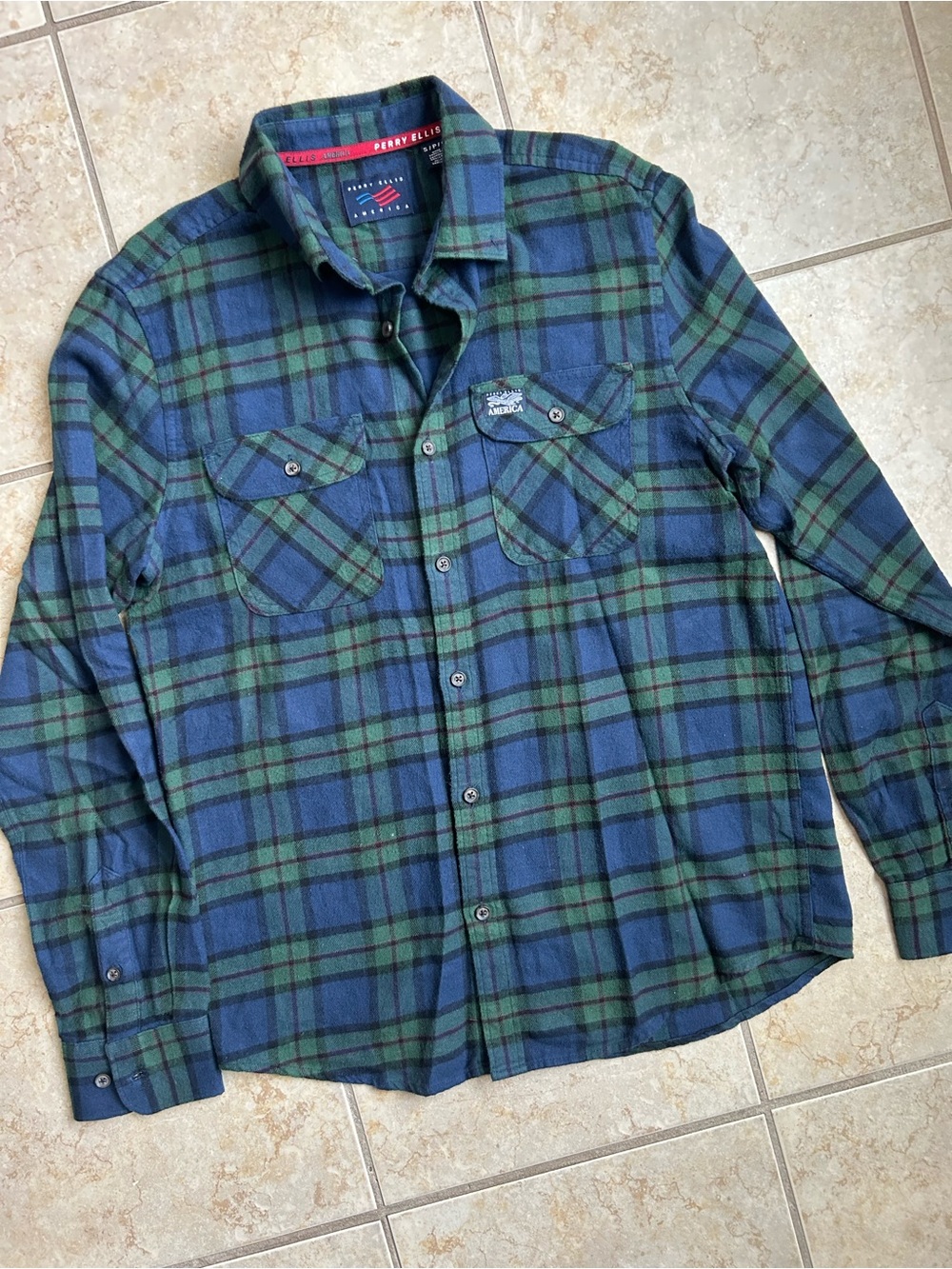 Perry Ellis America Men’s Flannel SMALL Blue Green Cotton Plaid